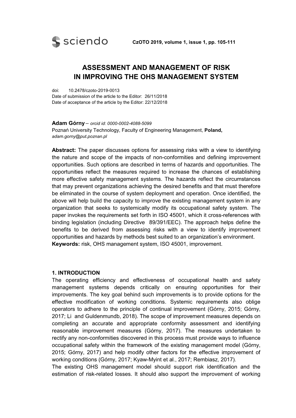 Assessment and Management of Risk in Improving the Ohs