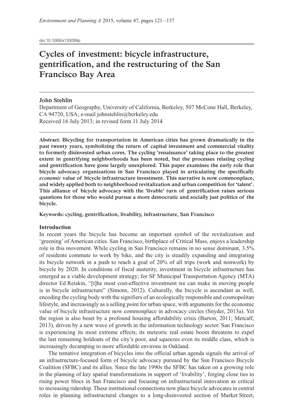 Cycles of Investment: Bicycle Infrastructure, Gentrification, and the Restructuring of the San Francisco Bay Area