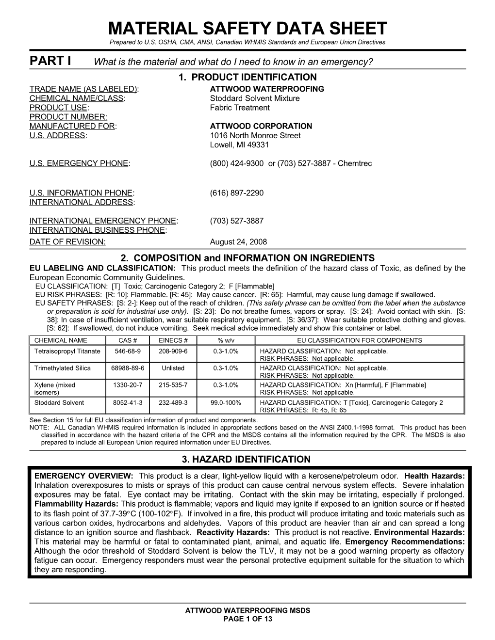 Material Safety Data Sheet s75