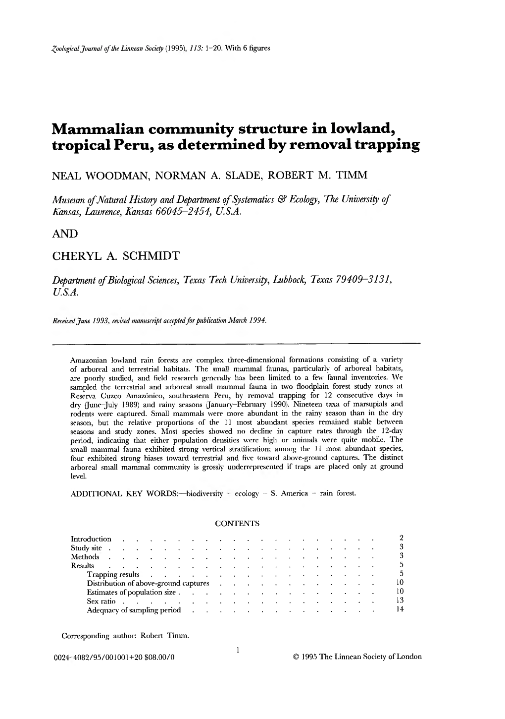 Mammalian Community Structure in Lowland, Tropical Peru, As Determined by Removal Trapping