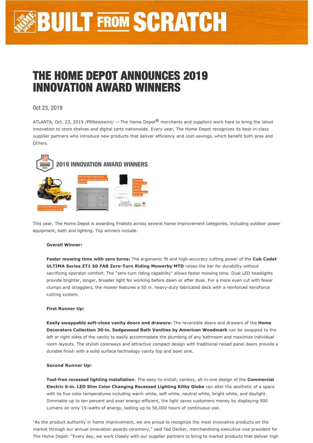 The Home Depot Announces 2019 Innovation Award Winners