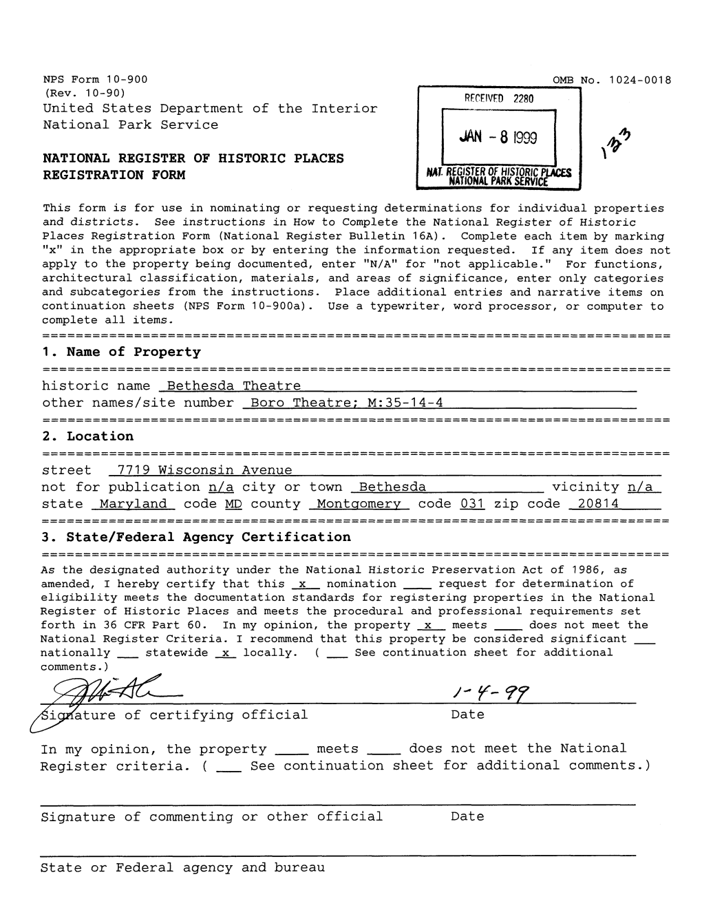 Jan - 8 I999 National Register of Historic Places Registration Form Nat Register of Historic Pla Ces National Park Service