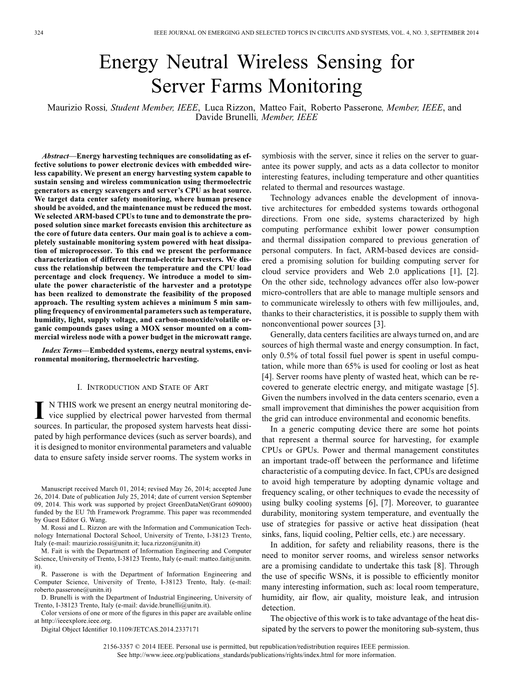 Energy Neutral Wireless Sensing for Server Farms Monitoring