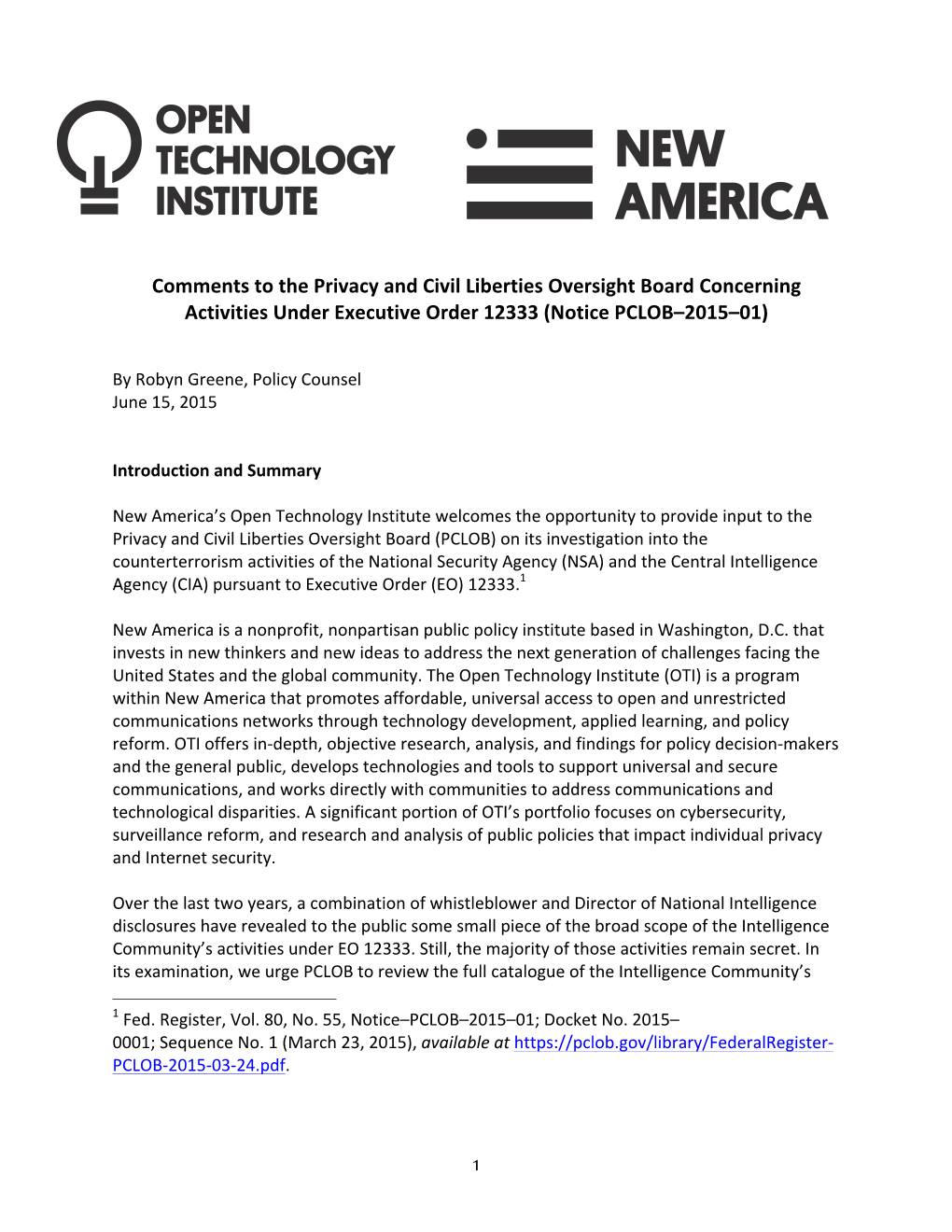 Comments to the Privacy and Civil Liberties Oversight Board Concerning Activities Under Executive Order 12333 (Notice PCLOB–2015–01)