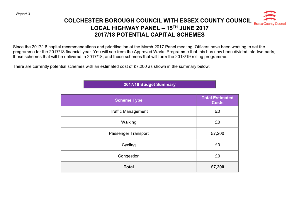 Colchester Borough Council with Essex County Council Local Highway Panel – 15Th June 2017 2017/18 Potential Capital Schemes