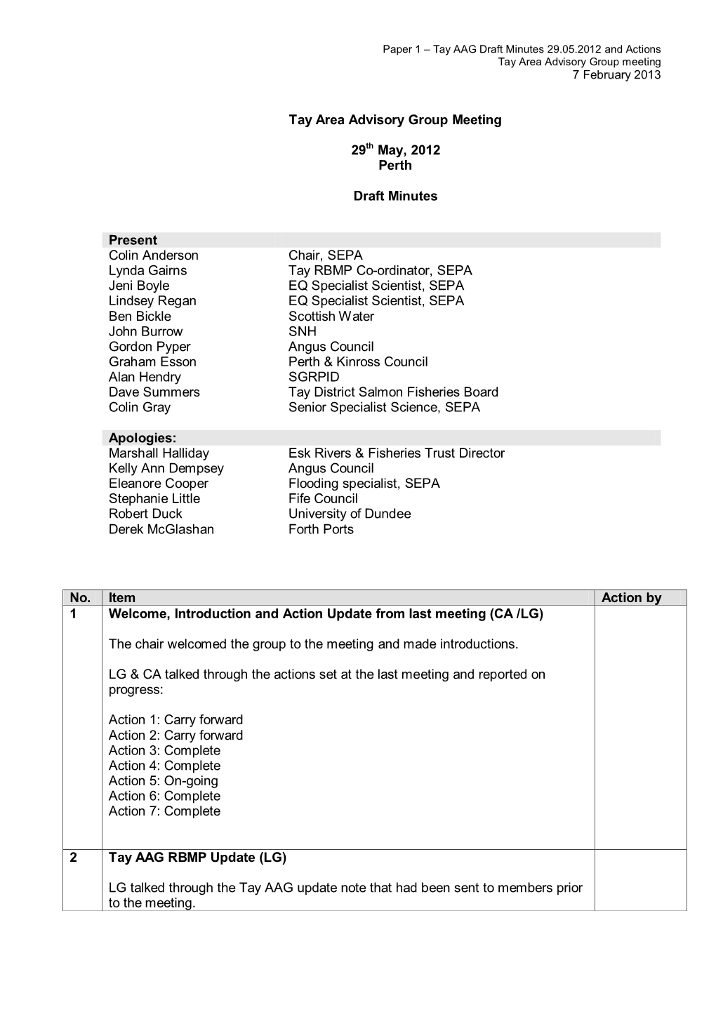 Paper 1 – Tay AAG Draft Minutes 29.05.2012 and Actions Tay Area Advisory Group Meeting 7 February 2013