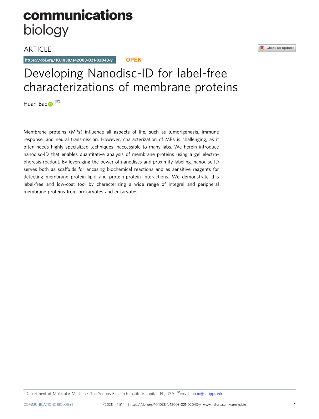 Developing Nanodisc-ID for Label-Free Characterizations of Membrane Proteins ✉ Huan Bao 1