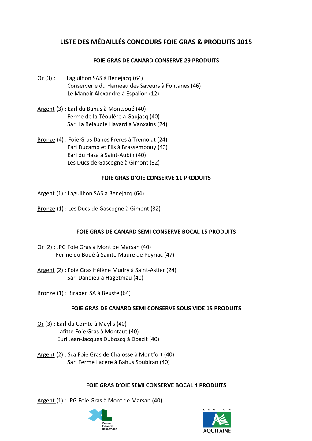 Liste Des Médaillés Concours Foie Gras & Produits 2015