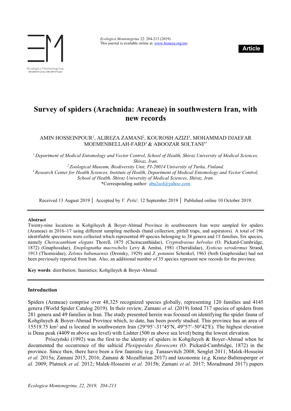 Survey of Spiders (Arachnida: Araneae) in Southwestern Iran, with New Records