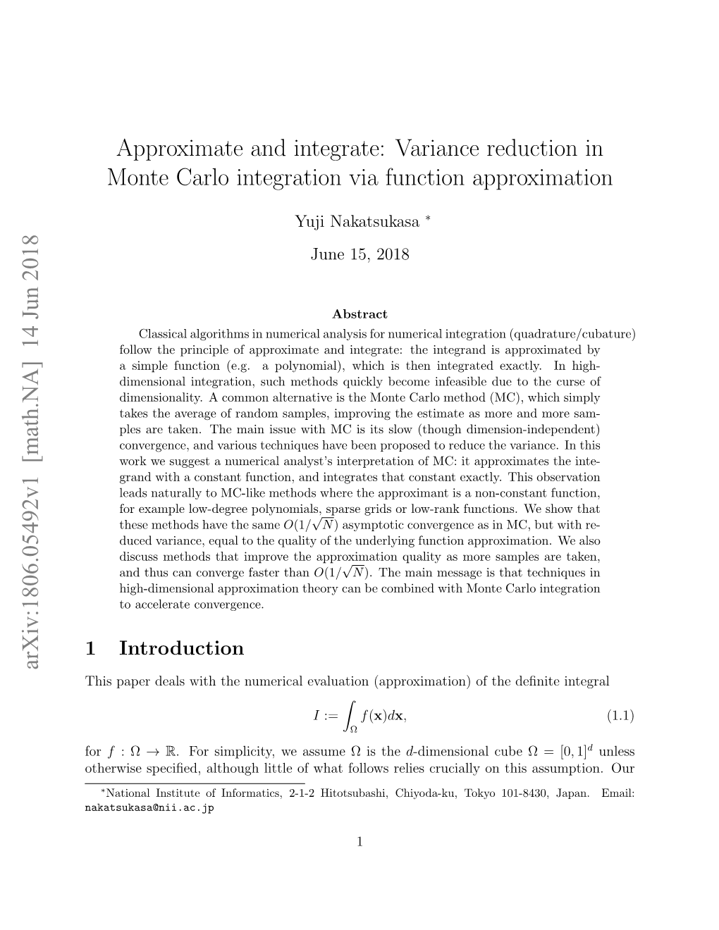 Approximate and Integrate: Variance Reduction in Monte Carlo Integration Via Function Approximation