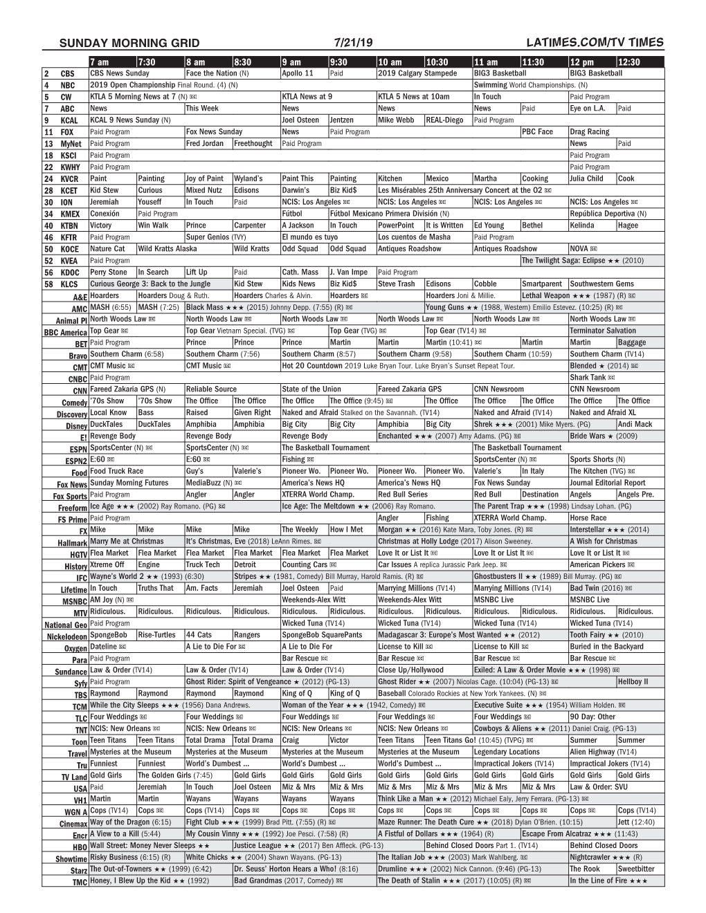 Sunday Morning Grid 7/21/19 Latimes.Com/Tv Times