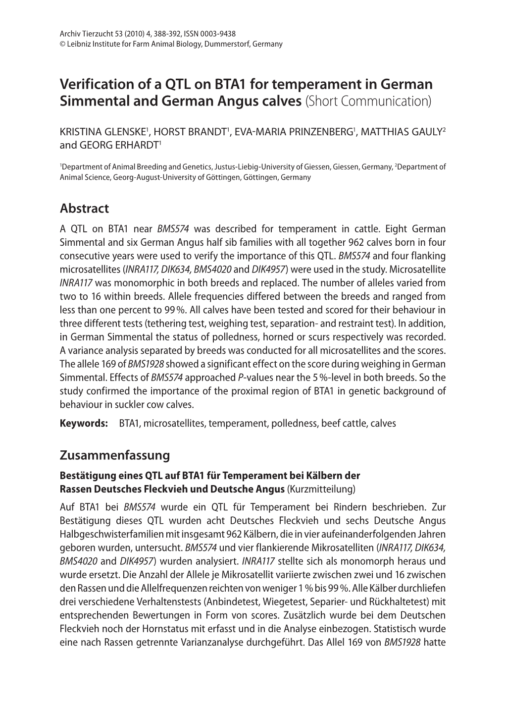 Verification of a QTL on BTA1 for Temperament in German Simmental and German Angus Calves (Short Communication)