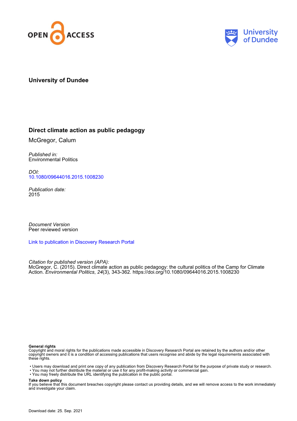 University of Dundee Direct Climate Action As Public Pedagogy