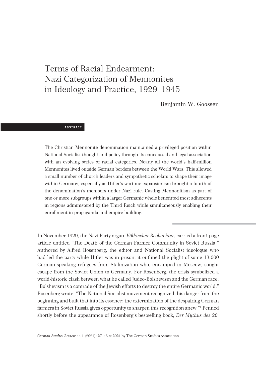 Terms of Racial Endearment: Nazi Categorization of Mennonites in Ideology and Practice, 1929–1945