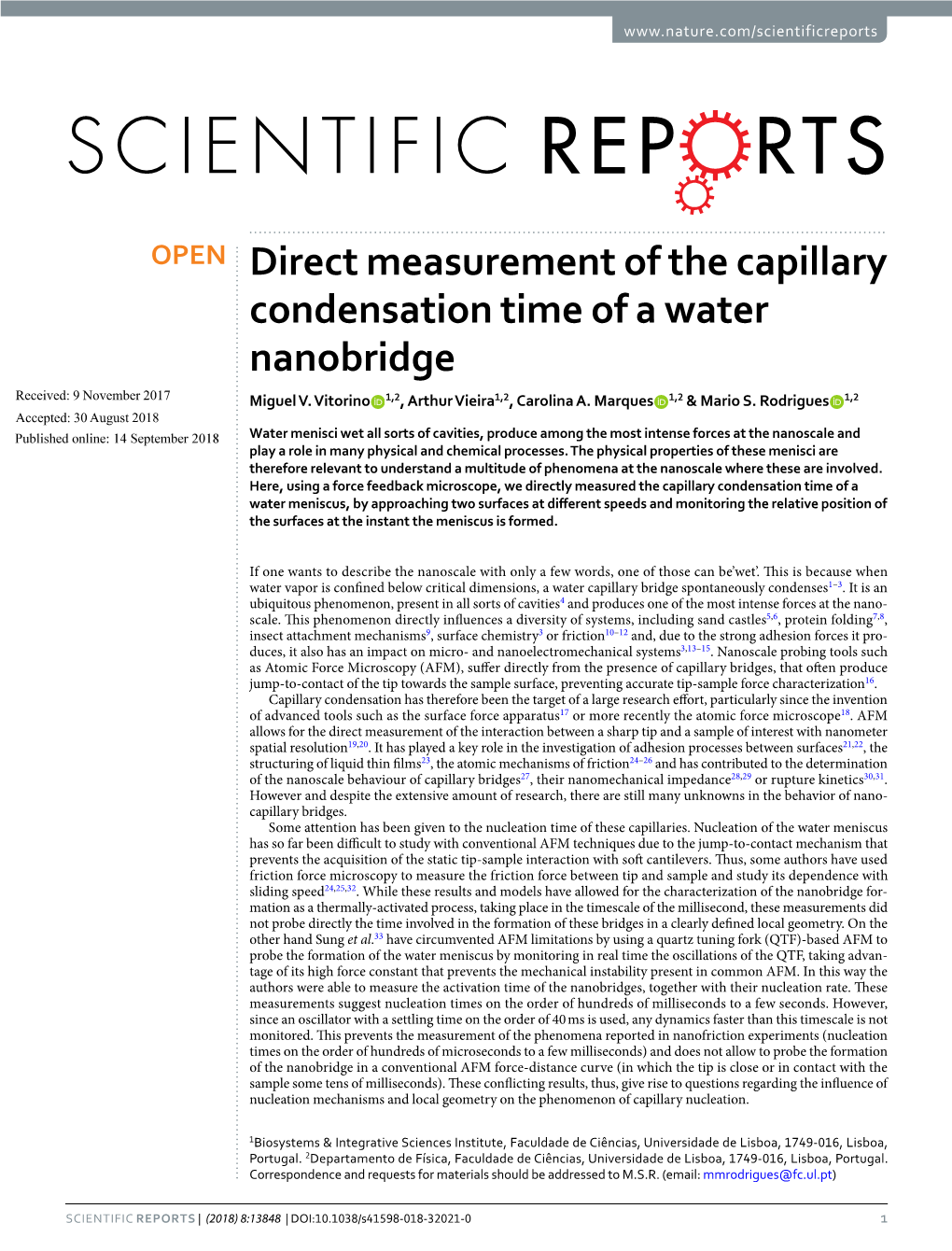 Direct Measurement of the Capillary Condensation Time of a Water Nanobridge Received: 9 November 2017 Miguel V