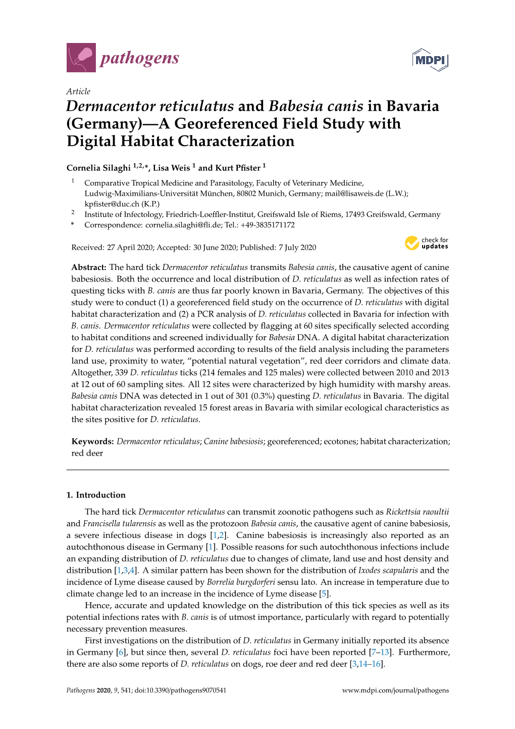 Dermacentor Reticulatus and Babesia Canis in Bavaria (Germany)—A Georeferenced Field Study with Digital Habitat Characterization