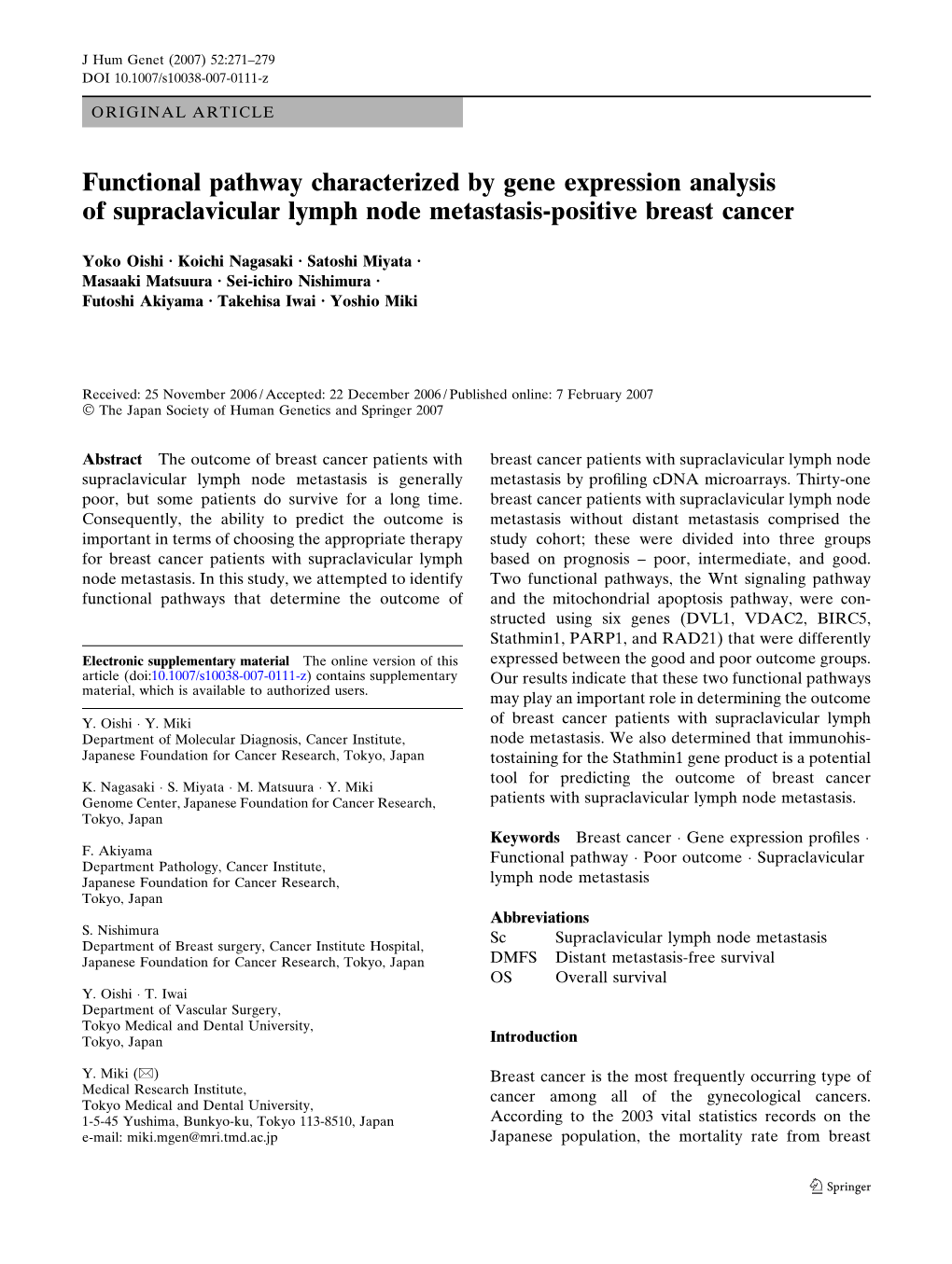 Functional Pathway Characterized by Gene Expression Analysis of Supraclavicular Lymph Node Metastasis-Positive Breast Cancer