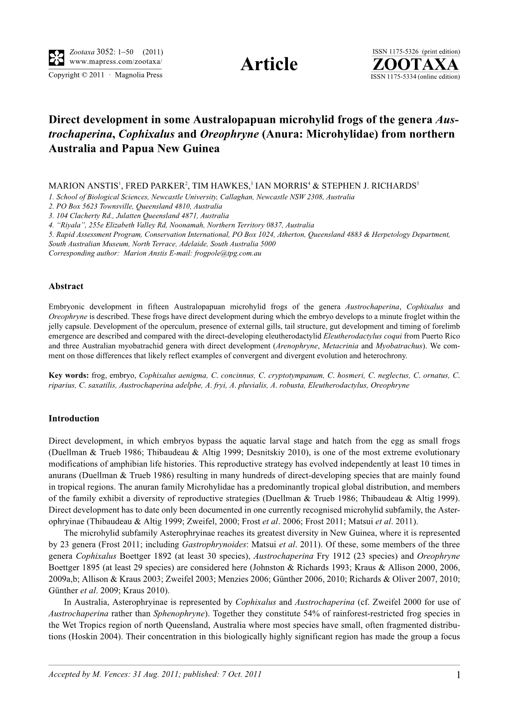 Direct Development in Some Australopapuan Microhylid Frogs of the Genera Austrochaperina, Australia and Papua New Guinea