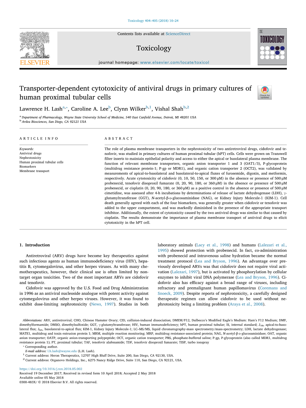 Transporter-Dependent Cytotoxicity of Antiviral Drugs in Primary Cultures of T Human Proximal Tubular Cells ⁎ Lawrence H