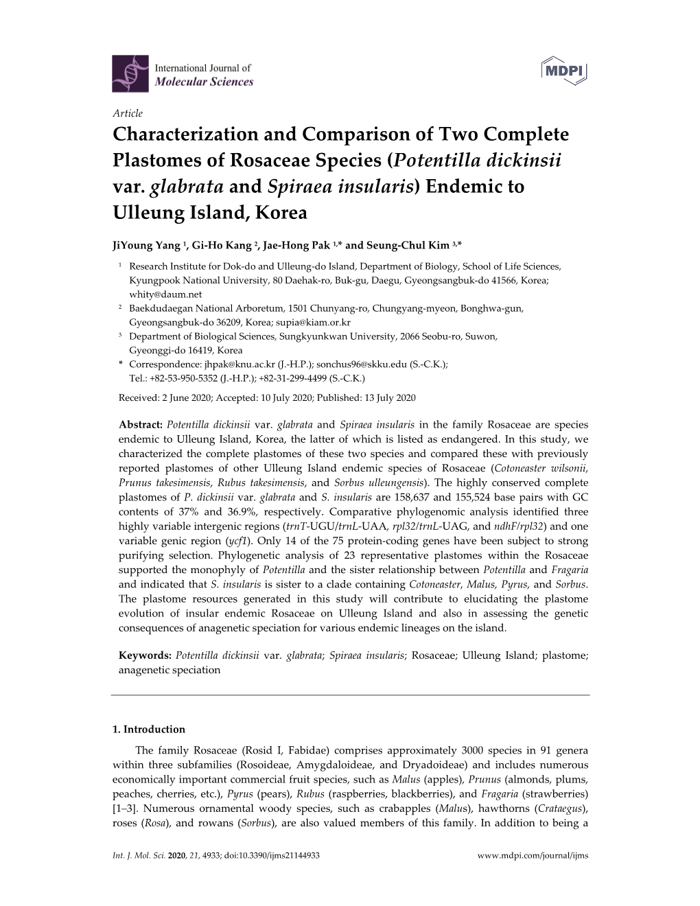 Characterization and Comparison of Two Complete Plastomes of Rosaceae Species (Potentilla Dickinsii Var. Glabrata and Spiraea