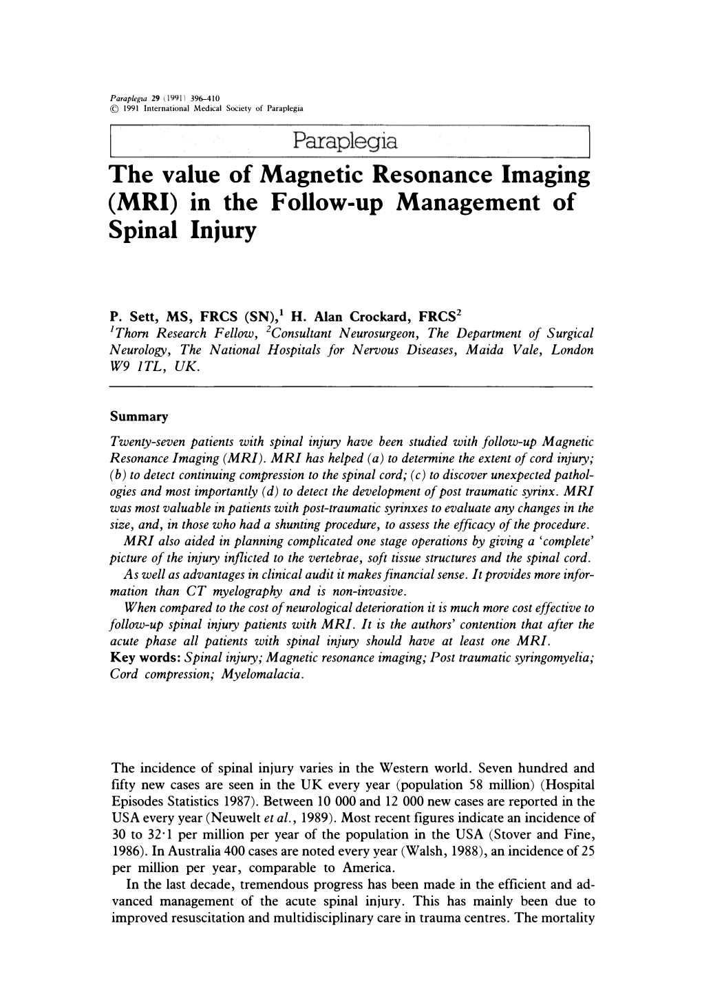 (MRI) in the Follow-Up Management of Spinal Injury