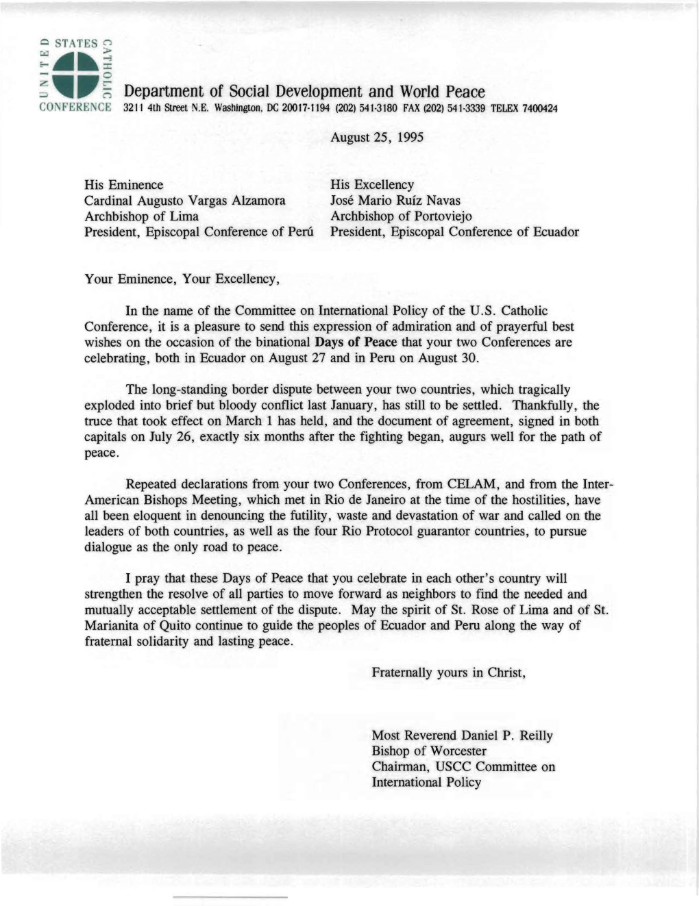 Letter on Days of Peace Between Ecuador and Peru