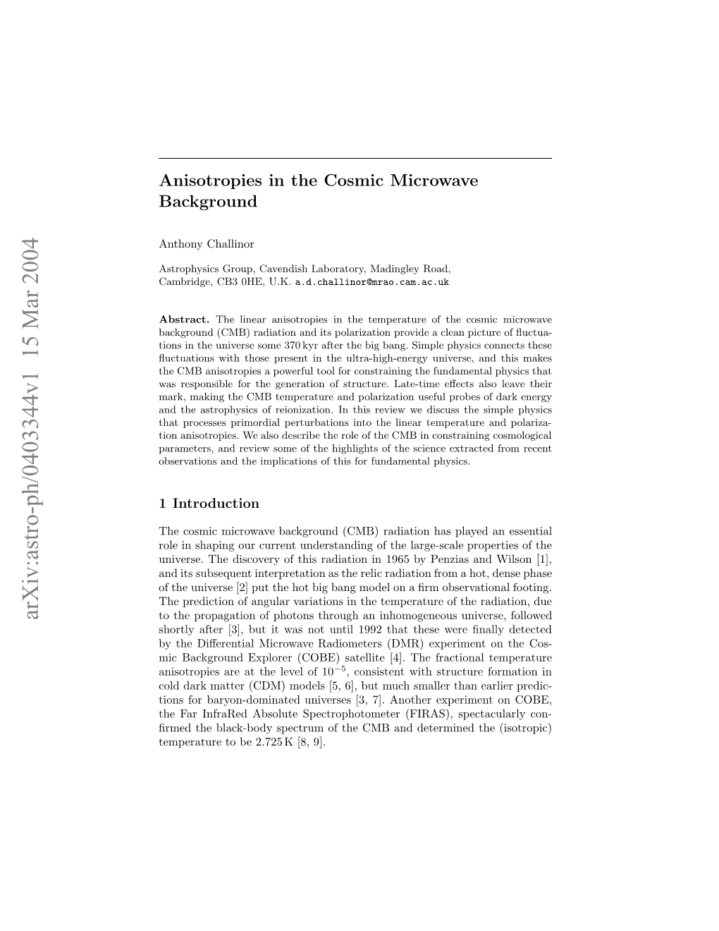 Anisotropies in the Cosmic Microwave Background