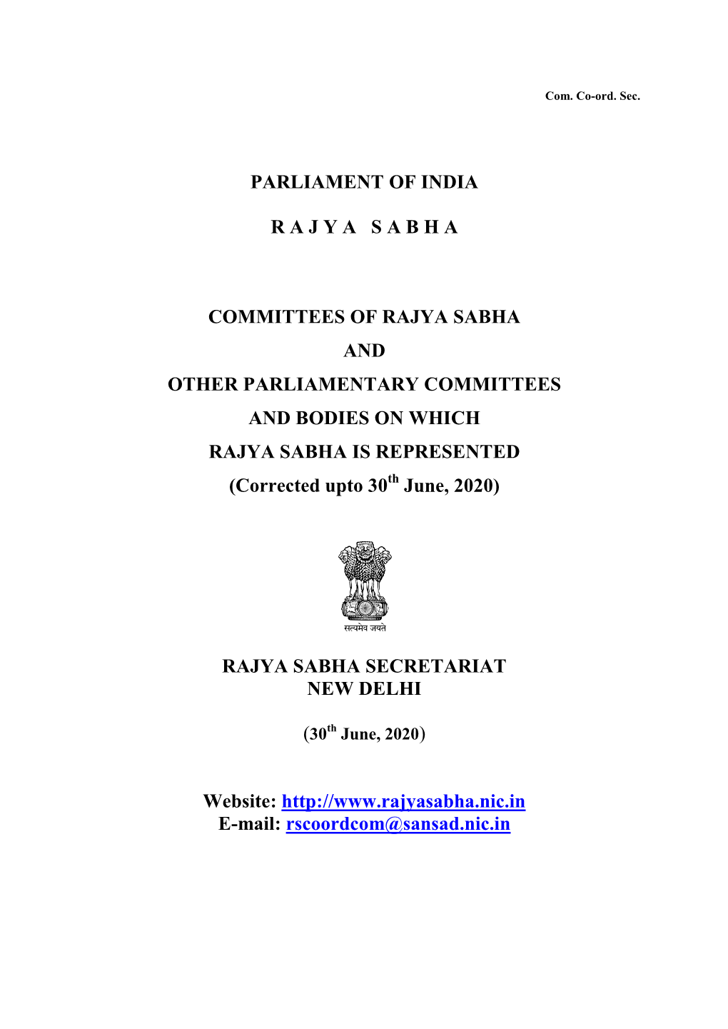 Parliament of India R a J Y a S a B H a Committees