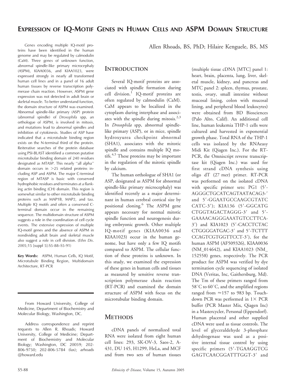 Expression of Iq-Motif Genes in Human Cells and Aspm Domain Structure