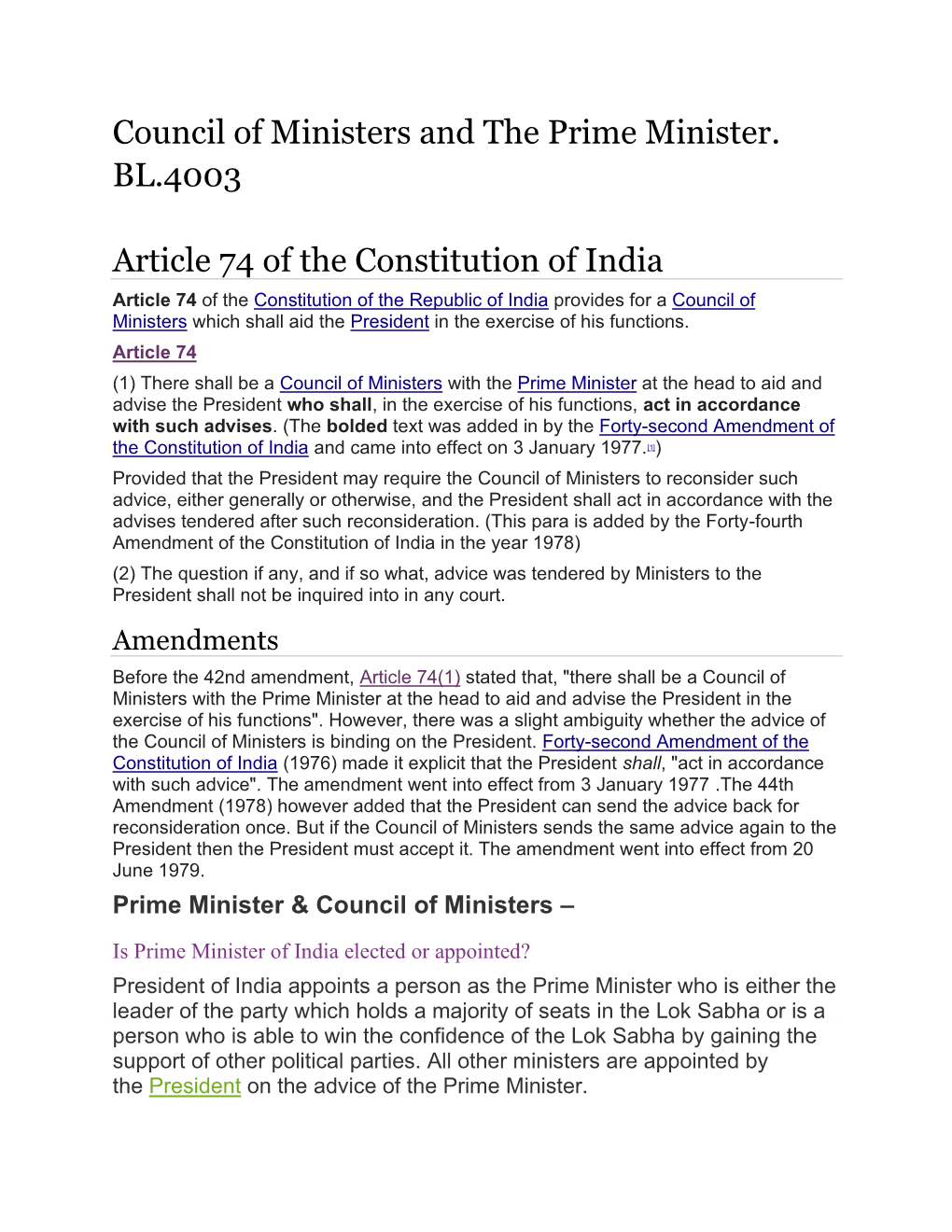 Council of Ministers and the Prime Minister. BL.4003 Article 74 of The