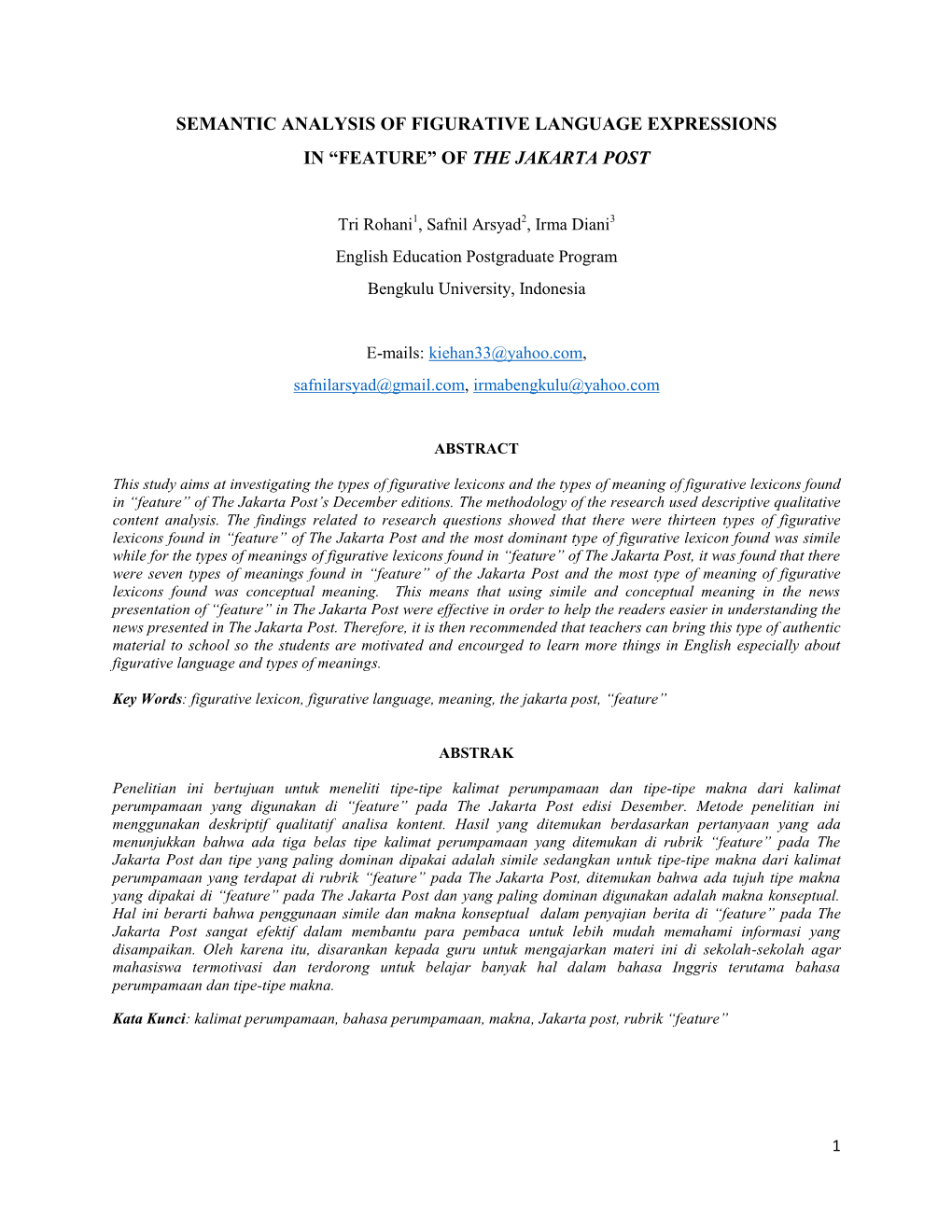 Semantic Analysis of Figurative Language Expressions in “Feature” of the Jakarta Post