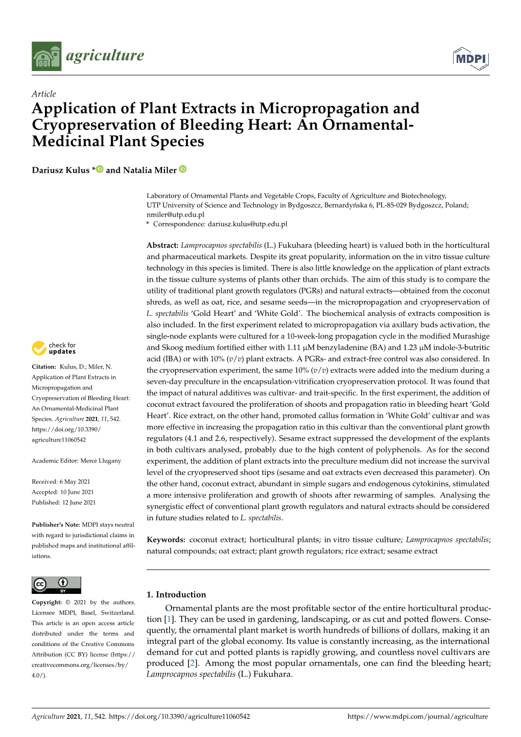 Application of Plant Extracts in Micropropagation and Cryopreservation of Bleeding Heart: an Ornamental- Medicinal Plant Species