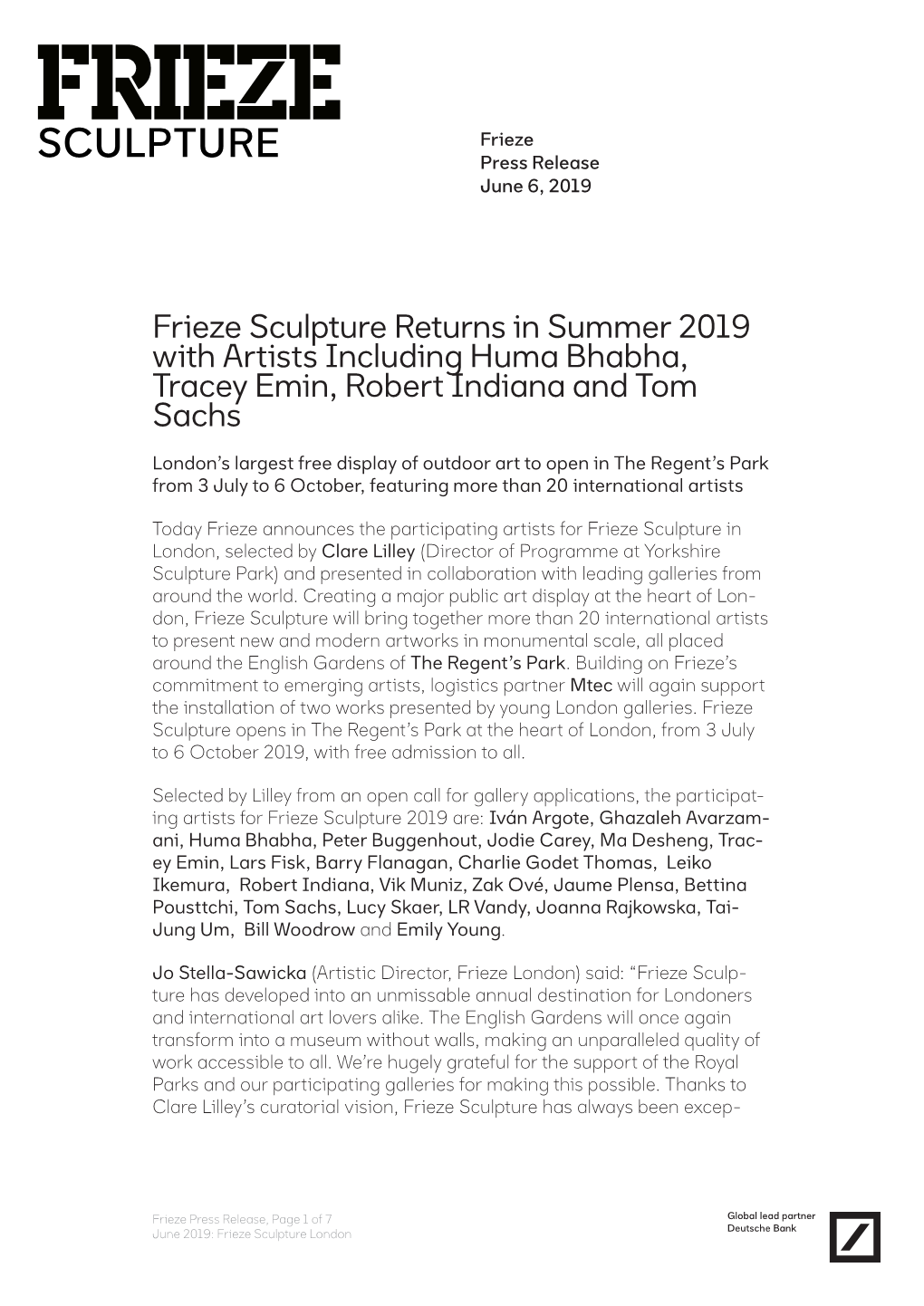 Frieze Sculpture Returns in Summer 2019 with Artists Including Huma Bhabha, Tracey Emin, Robert Indiana and Tom Sachs