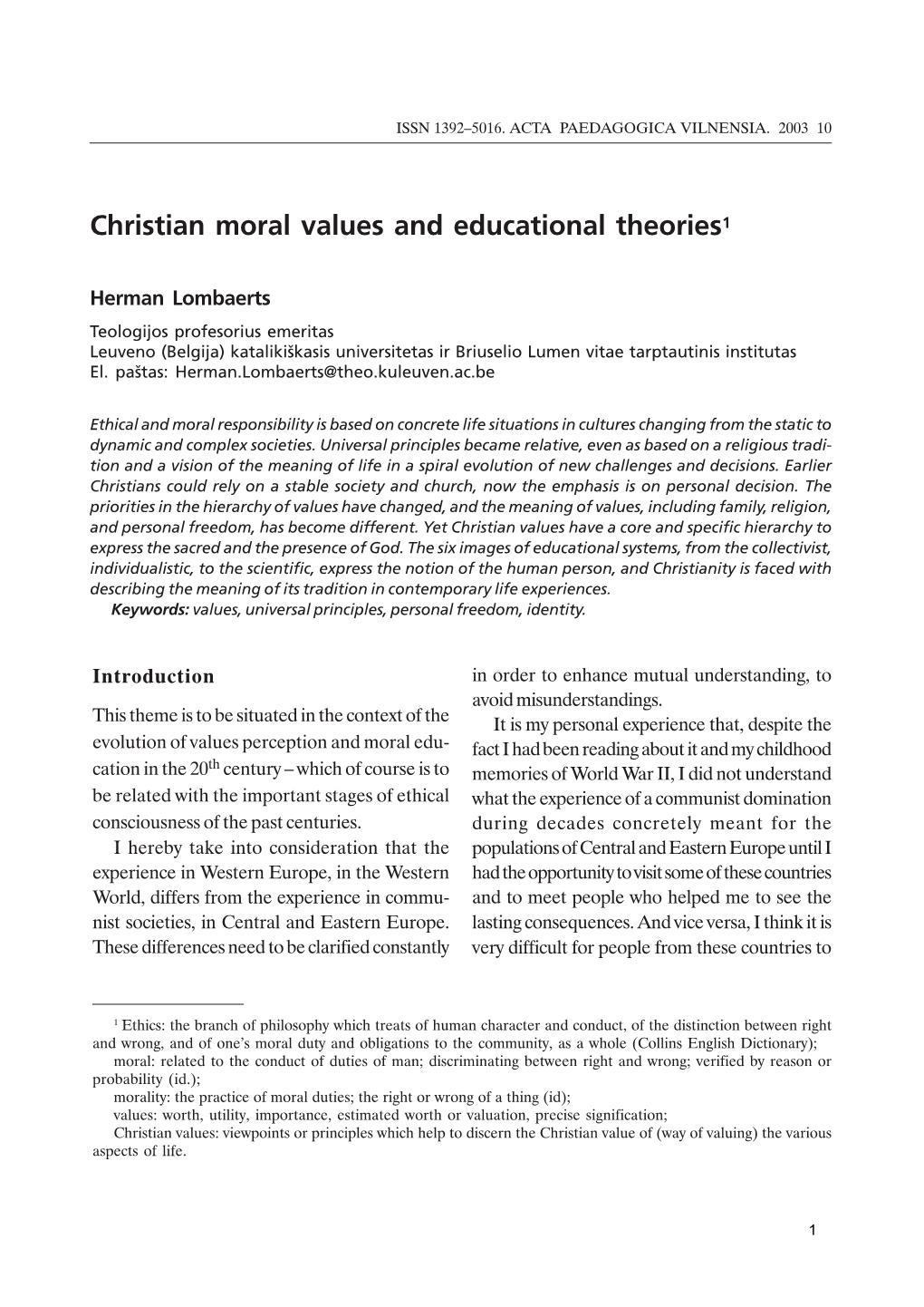 Christian Moral Values and Educational Theories1