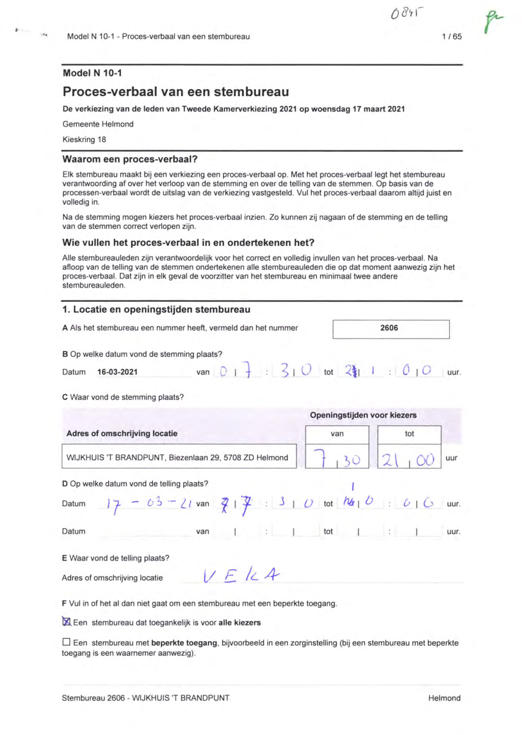 Proces-Verbaal Van Een Stembureau 1 / 65 R