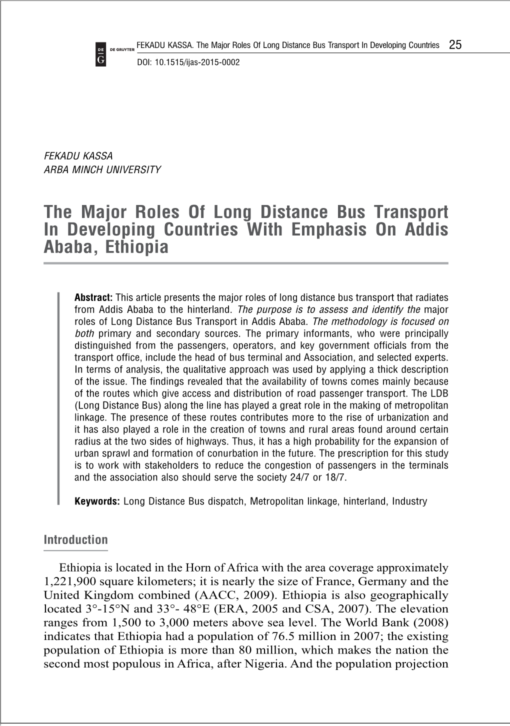 The Major Roles of Long Distance Bus Transport in Developing Countries with Emphasis on Addis Ababa, Ethiopia