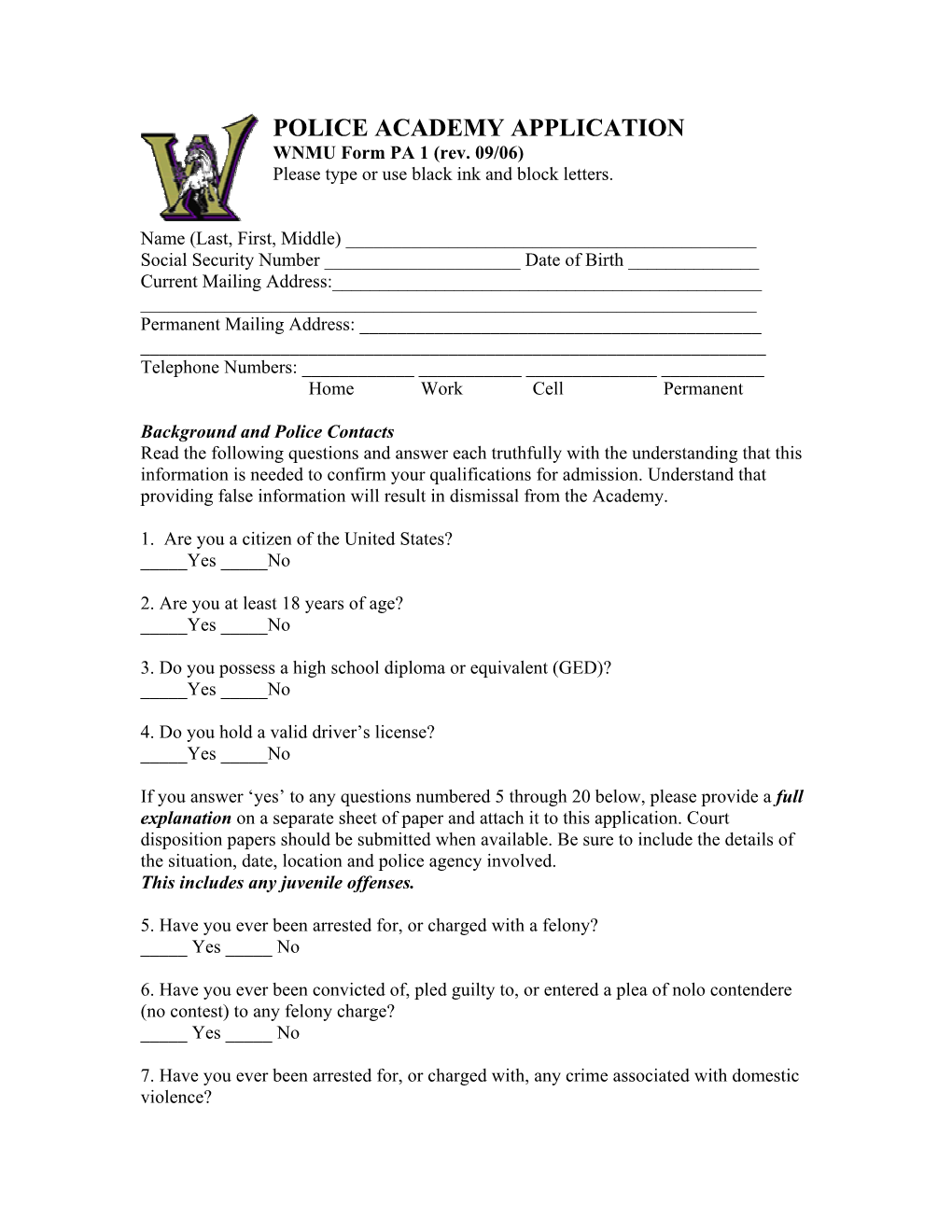 POLICE ACADEMY APPLICATION WNMU Form PA 1 (Rev