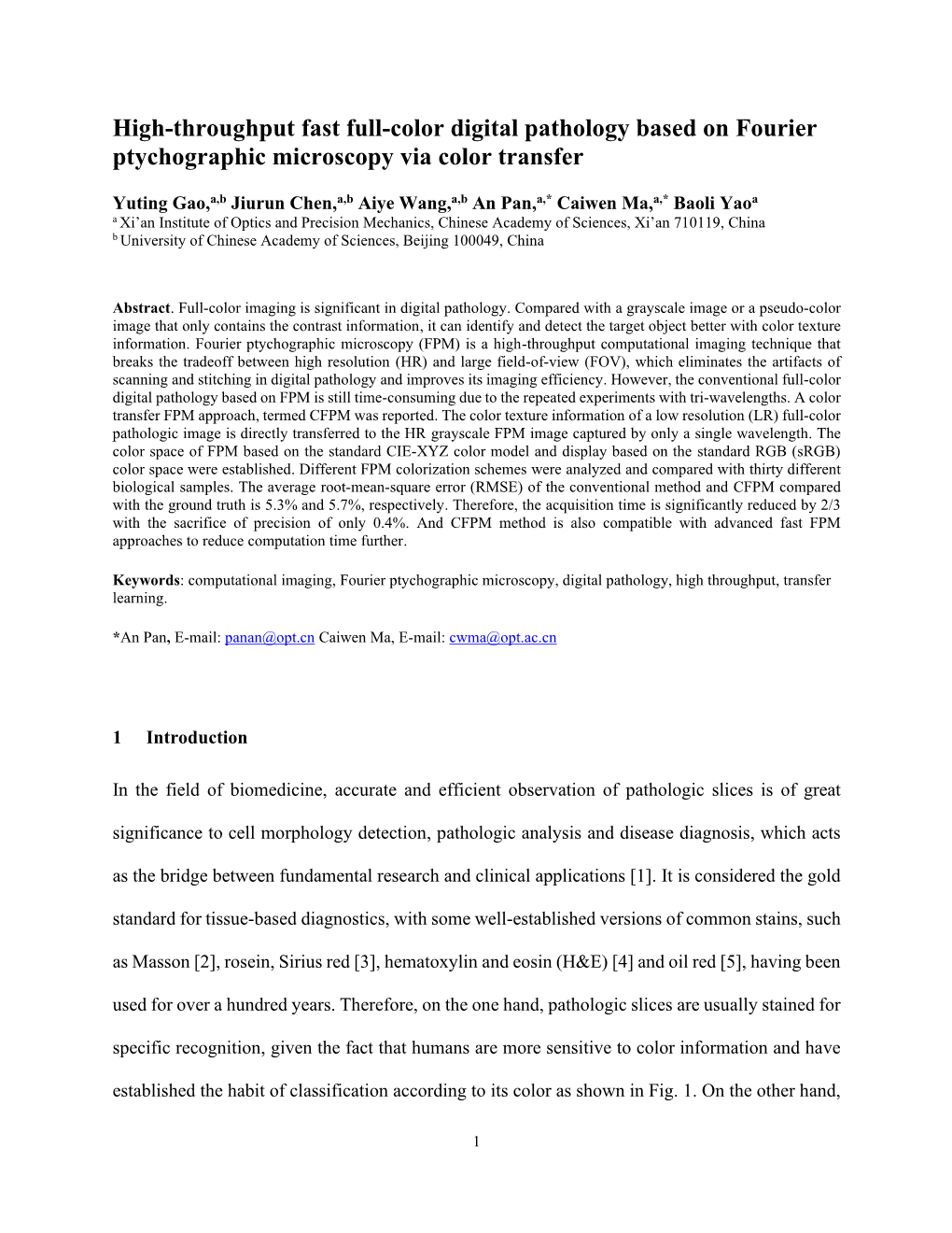 High-Throughput Fast Full-Color Digital Pathology Based on Fourier Ptychographic Microscopy Via Color Transfer