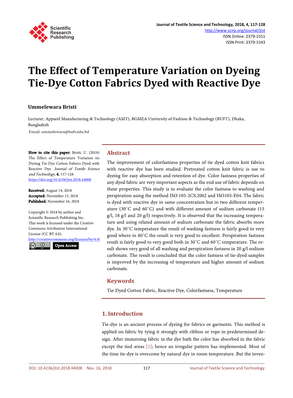 The Effect of Temperature Variation on Dyeing Tie-Dye Cotton Fabrics Dyed with Reactive Dye