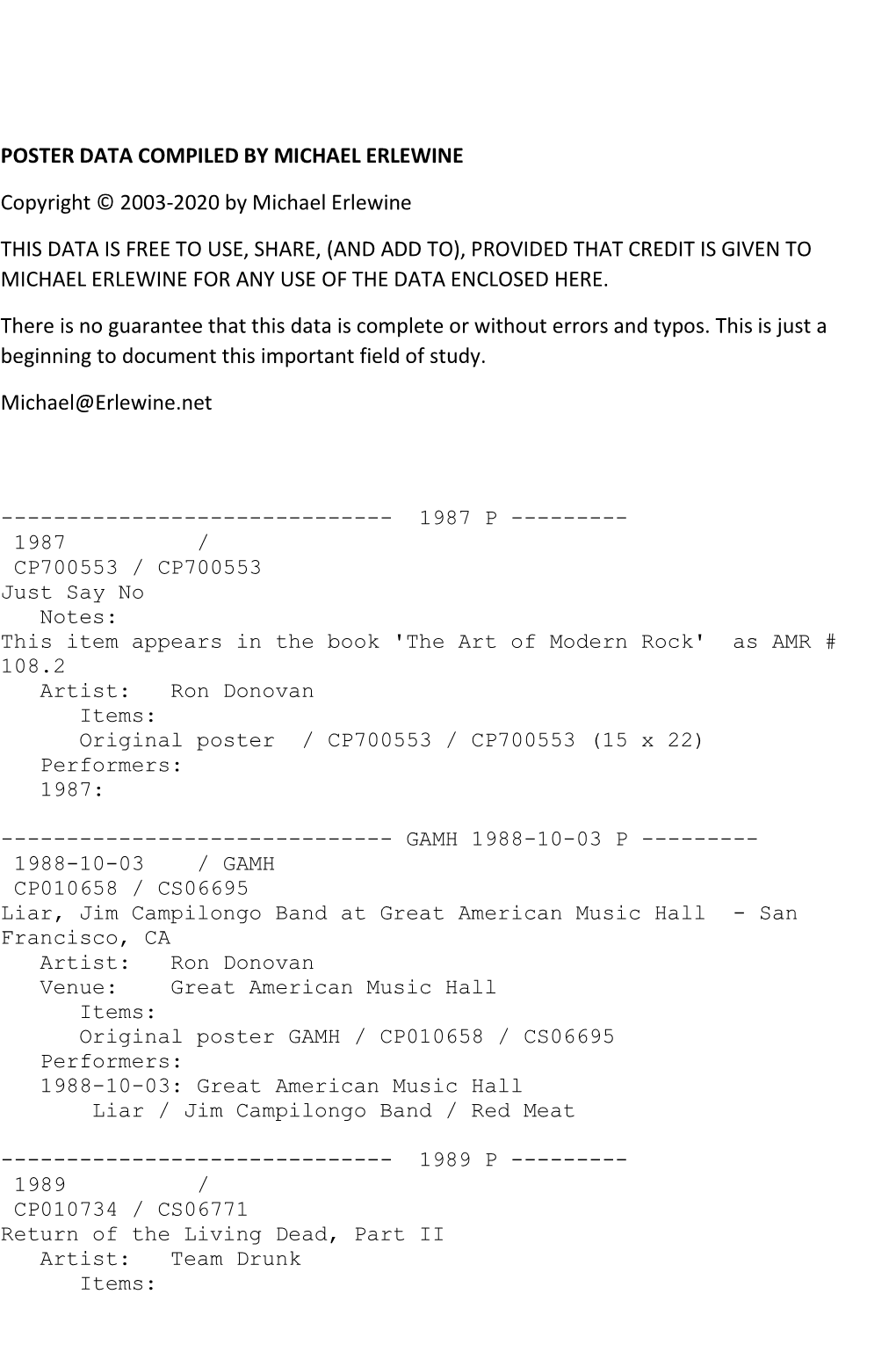 Poster Data Compiled by Michael Erlewine