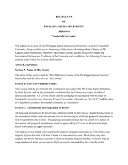 THE BYLAWS of PHI KAPPA SIGMA FRATERNITY Alpha Iota Vanderbilt University the Alpha Iota Colony of the Phi Kappa Sigma Internati