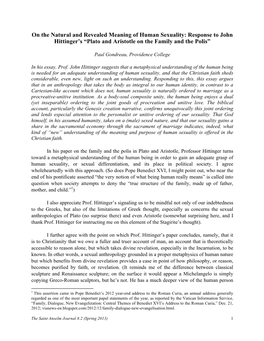On the Natural and Revealed Meaning of Human Sexuality: Response to John Hittinger's “Plato and Aristotle on the Family