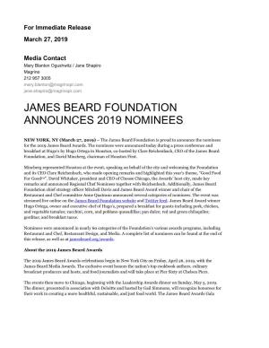 James Beard Foundation Announces 2019 Nominees