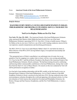 Zubin Cancels U.S. Tour Participation Due to Health Reasons -- Press Release