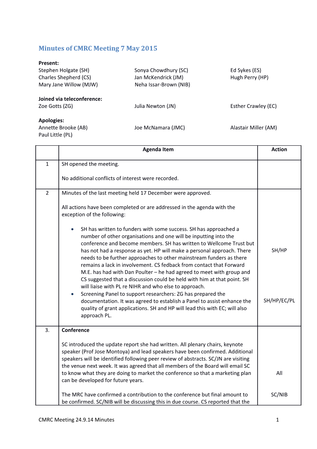 Minutes of CMRC Meeting 7 May 2015