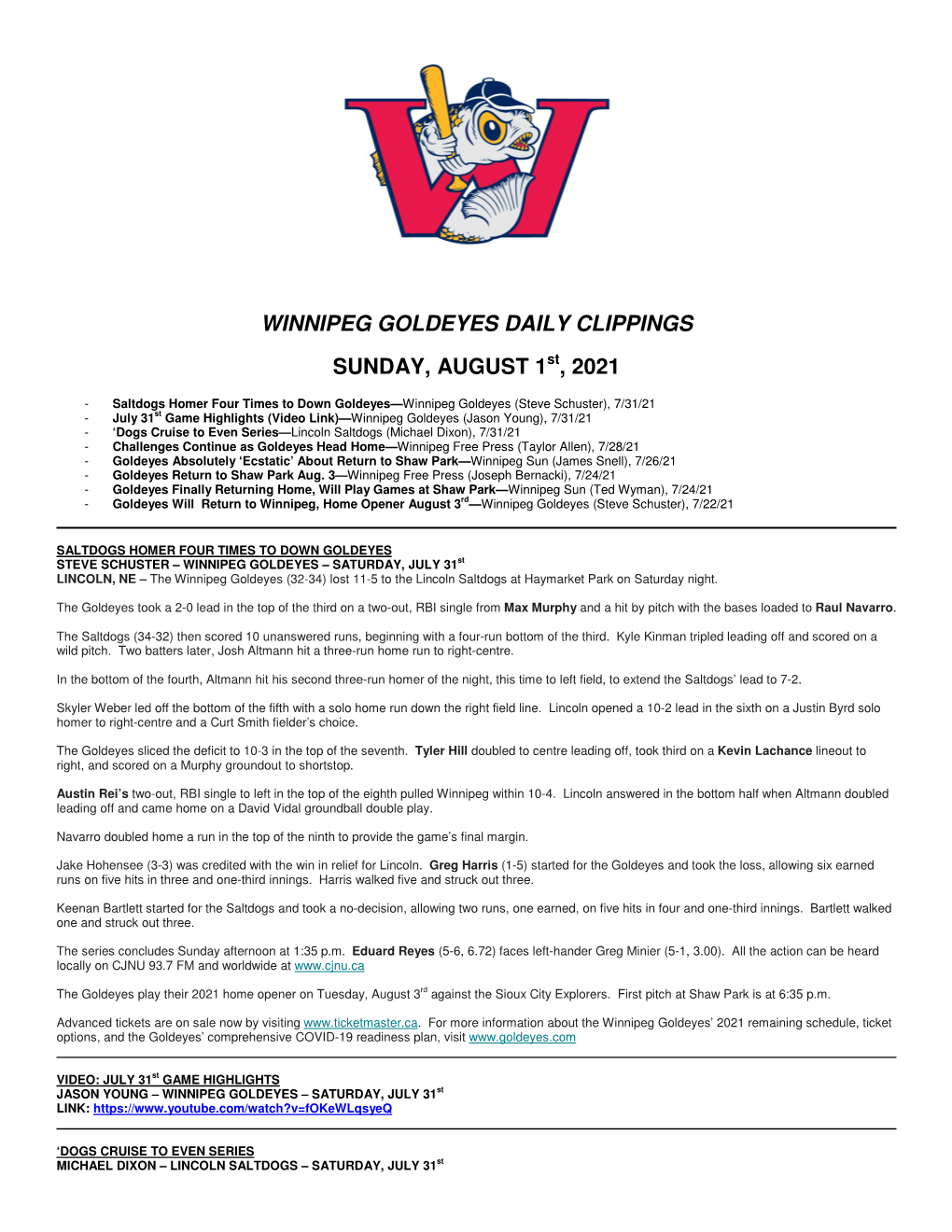 Winnipeg Goldeyes Daily Clippings Sunday, August 1