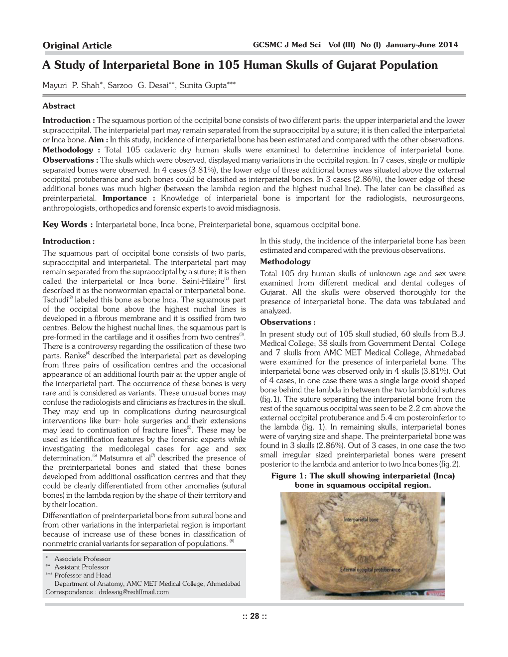 A Study of Interparietal Bone in 105 Human Skulls of Gujarat Population