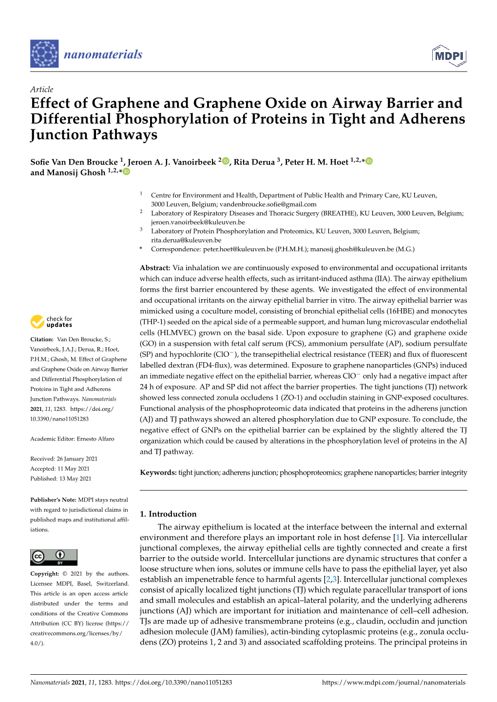 Effect of Graphene and Graphene Oxide on Airway Barrier and Differential Phosphorylation of Proteins in Tight and Adherens Junction Pathways