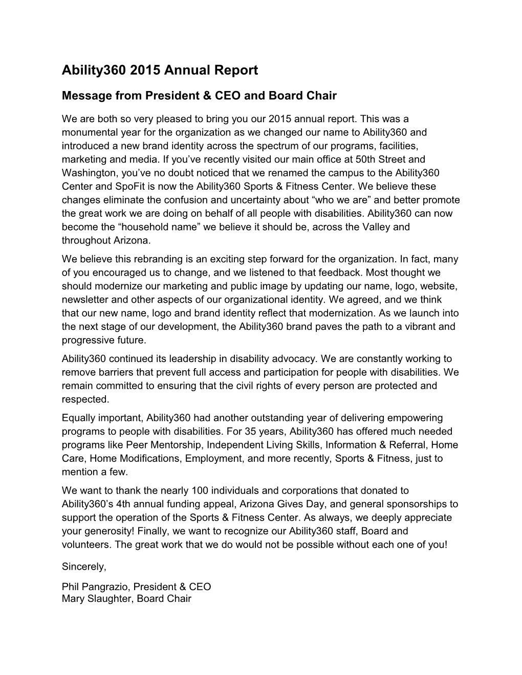 Message from President & CEO and Board Chair