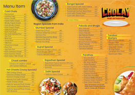 Cholay Menu Card for Online Updated 2